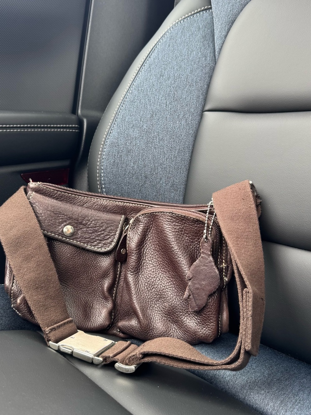 ROOTS Brown Leather Utility Bag with Adjustable Strap 34” max